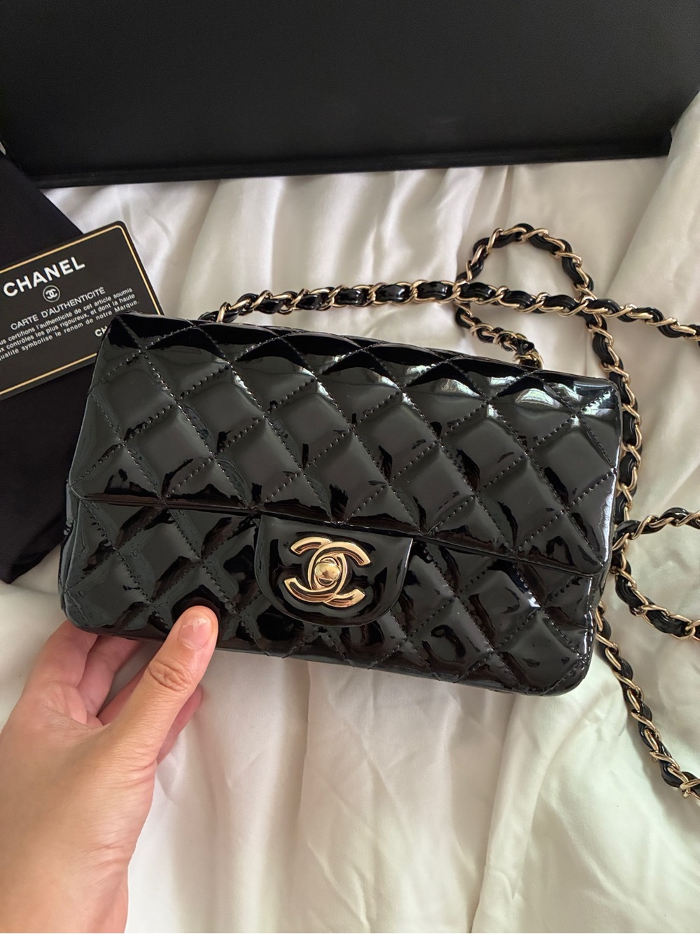 CHANEL Black Quilted Patent Leather Mini Crossbody with Gold-Tone Chain - Picture 2 of 13